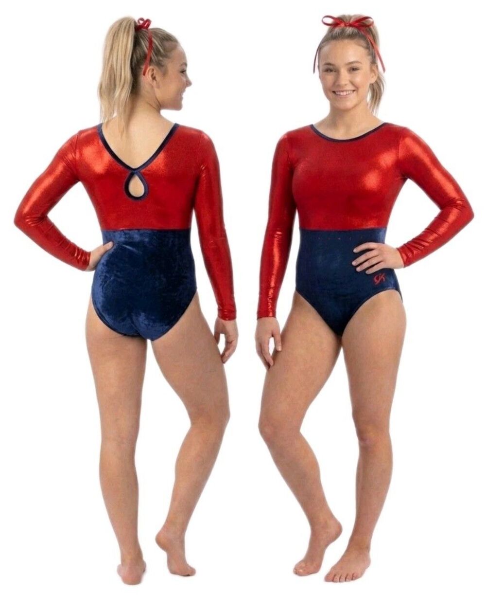 GK Elite VTG Red Mystique Bling LS Patriotic Keyhole Leotard Blue Velvet AXL